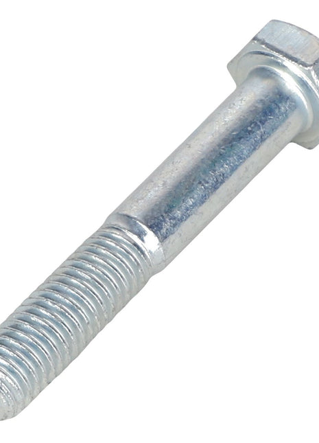 A close-up image of an AGCO | SCREW - AL5002056, featuring a shiny metal hex bolt with threaded end and hexagonal head, positioned diagonally on a white background.