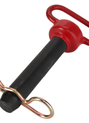 The AGCO PIN - AG524263 is a black cotter pin designed with a red handle and circular grip, and it features a metal retaining clip at the bottom. Currently, no additional product description information is available.