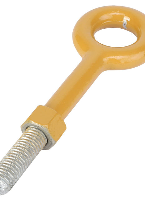 The AGCO | EYE BOLT - AG200573 is an orange-painted hardware piece featuring a threaded shank and a circular loop at the end, designed for lifting or securing applications, making it a versatile option when detailed product descriptions are not available.