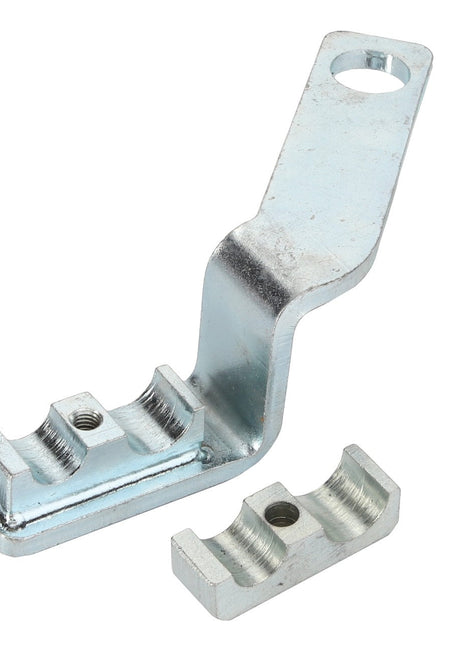 The AGCO Bracket - Acp0335910 is a metallic bracket from the well-known AGCO brand. It features a hole at one end, a bent middle section, and a detachable part with additional holes, likely designed for mounting or securing applications.