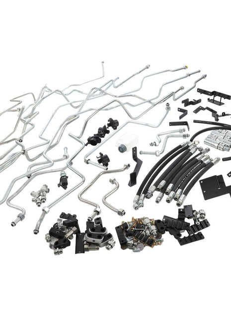 A neatly arranged assortment of AGCO's metal and rubber automotive hoses, connectors, brackets, and fittings on a white background. Please note that no current product description information is available for the AGCO | Kit, Pipe - Acw1142420.