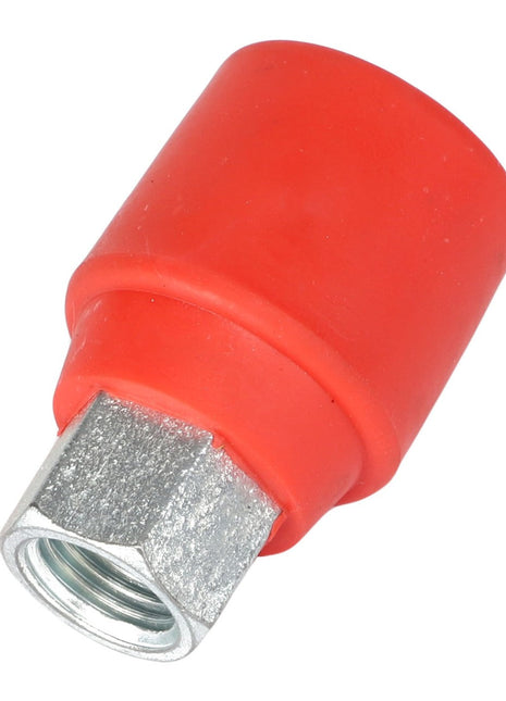 The AGCO PROTECTOR - AG610653, a red quick-connect hydraulic coupling made from plastic and metal with a threaded end, ensures seamless connections.