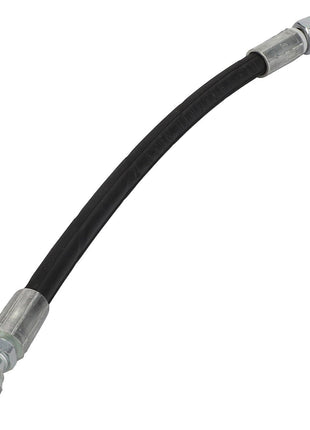 Sorry, no current product description information is available for this black hydraulic brake hose with metal fittings on both ends, one straight and the other angled.