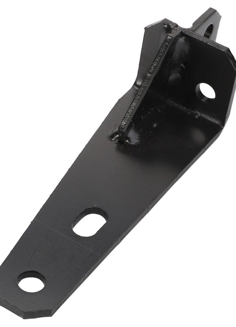 Product Description: The AGCO Bracket - Acw010481A is a black metal bracket featuring a right-angle bend and three holes designed for screws or bolts.