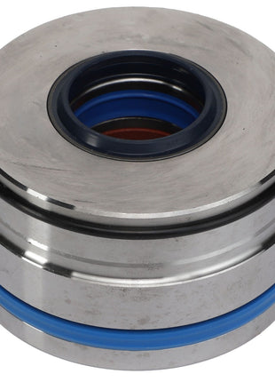 Close-up of the AGCO BEARING - AL12710211, a metallic cylindrical mechanical component featuring a blue seal and a black inner ring.