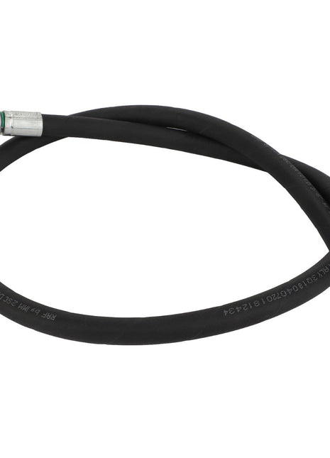 Introducing the AGCO | Hydr. Hose - Acw3727380, a coiled black hose with metallic fittings on each end, specifically designed for fluid transfer in hydraulic systems.