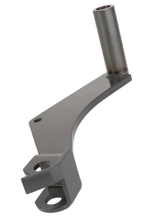 The AGCO Arm - La322041450 is a metallic industrial machine bracket featuring a cylindrical attachment and two mounting holes.