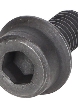 There is no current product description available for this close-up image of the AGCO LOCK SCREW - F931202040040, a black hex socket head cap screw with a partially threaded shank from the brand AGCO.