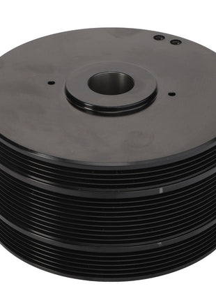 A black, multi-grooved pulley wheel with a central hole and two smaller holes near the edge, used in mechanical systems. Product Name: AGCO | Water Pump Multi-Ribbed Pulley - Acw2496720. Brand Name: AGCO. No current product description information is available.