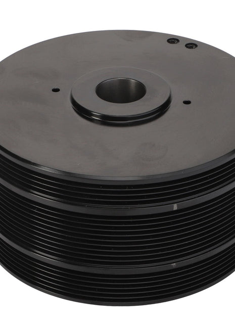 A black, multi-grooved pulley wheel with a central hole and two smaller holes near the edge, used in mechanical systems. Product Name: AGCO | Water Pump Multi-Ribbed Pulley - Acw2496720. Brand Name: AGCO. No current product description information is available.