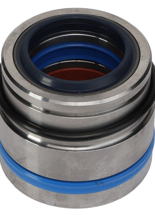 The AGCO Bearing - AL12706511 is a cylindrical metal bearing featuring blue and black rubber seals, meticulously designed for precise machine applications.