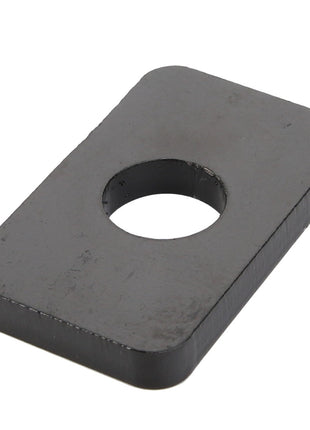 A rectangular AGCO Spacer - Acw3666400 metal plate featuring a central circular hole, slightly raised and viewed at a slight angle against a white background. No current product description information is available.