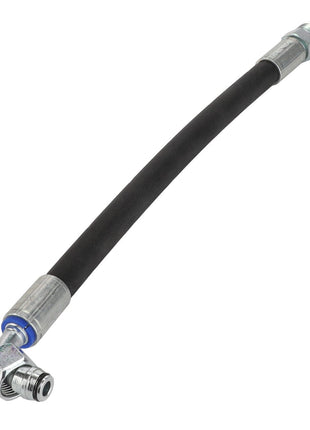 No current product description exists for the AGCO Hose - Acw2341620, a flexible black rubber hose with metal fittings, featuring one end bent at a right angle and the other straight.