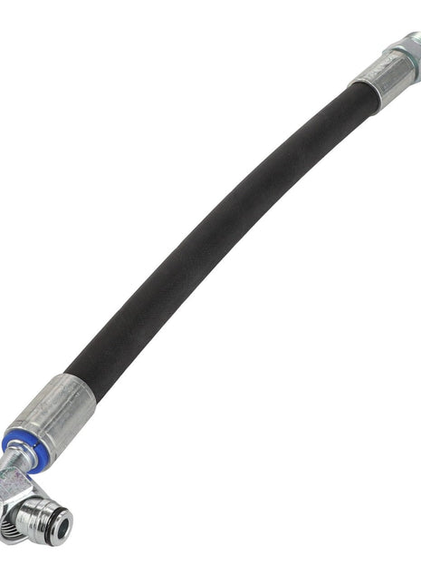 No current product description exists for the AGCO Hose - Acw2341620, a flexible black rubber hose with metal fittings, featuring one end bent at a right angle and the other straight.