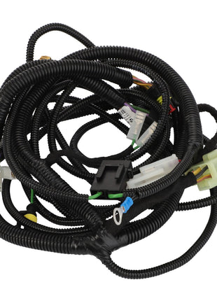 The AGCO | Harness - Acp0318140 is a coiled automotive wiring harness featuring an array of connectors and sleek black corrugated tubing, manufactured by AGCO.