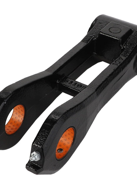 The AGCO Link Bushing - Acp0296350 is a black mechanical linkage featuring an orange inner component, two elongated arms, and circular openings. Product description is currently unavailable.