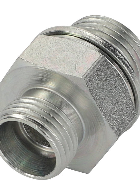 Introducing the AGCO | Fitting - Acp0667670, a durable metallic pipe adapter from AGCO that boasts threaded ends and a solid hexagonal section for effortless installation.