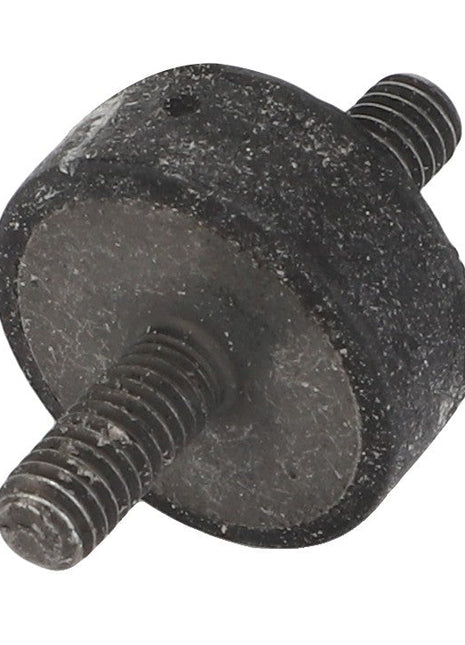 A metal bolt with a rubber gasket, featuring threaded ends for securing mechanisms, is available as the AGCO RUBBER SUPPORT - F718901010080 from the AGCO brand.