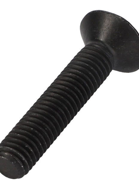 A black, threaded bolt with a flat, round head. Product Name: AGCO | Flat Socket Head Capscrew - Acw2773810 by AGCO. No current product description information is available.