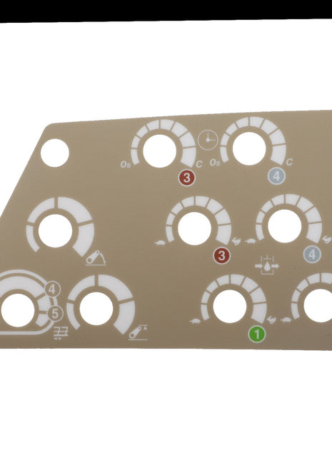 The AGCO Decal - Acp0424750 is a beige control panel featuring multiple cutouts and markings, including numbers and symbols in various colors, likely indicating different settings or functions. Note that no keywords are available for this product.