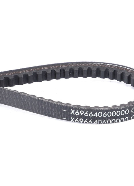 A black V-belt with teeth and white markings displaying the code "X696640600000" is shown in a looped shape on a white background, ensuring optimal performance for Fendt models. This product is an AGCO V-Belt - X696640600000.