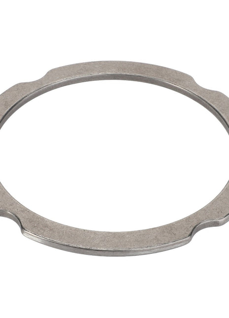 Product Description: The AGCO | Compensating Ring - F007200210260 is a metallic, circular washer featuring slight indentations on opposite sides, set against a white background.