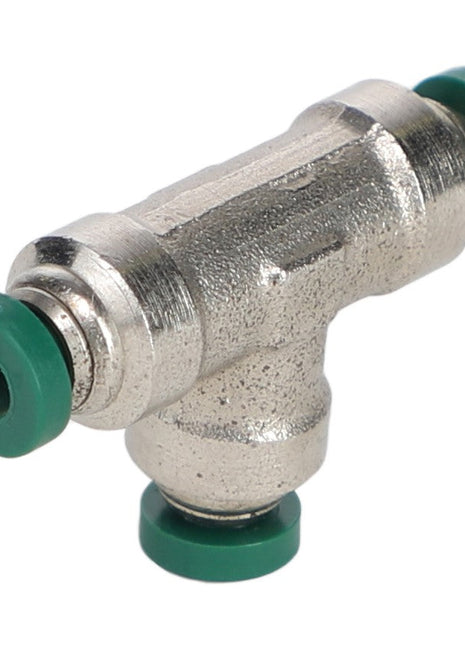 The AGCO T-PIECE - AG522757 is a metal T-shaped pipe fitting featuring green end caps, expertly designed for connecting tubing or hose.