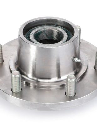 A close-up image of the AGCO Hub Kit With Bolt And Nut (Acw3060190) metal wheel hub assembly, featuring five bolts and a circular opening in the center, isolated on a white background. Please note, no current product description information is available.