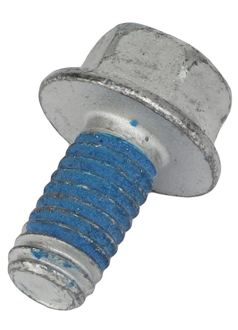 A close-up view of the AGCO Hex Flange Capscrew - Acx2179280, featuring a metallic hex head with a built-in washer and blue threadlocker applied to the threads.