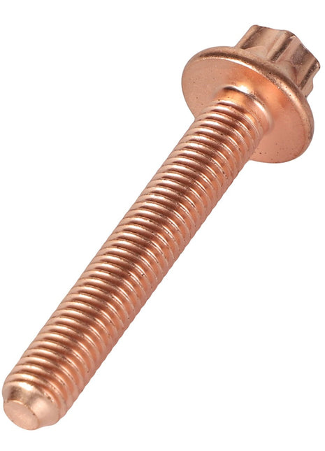 The AGCO Hexagon Flange Bolt - F530200090630 is a brass-colored, precision-engineered screw featuring a flat washer-like head and a hexagonal shape at the top.