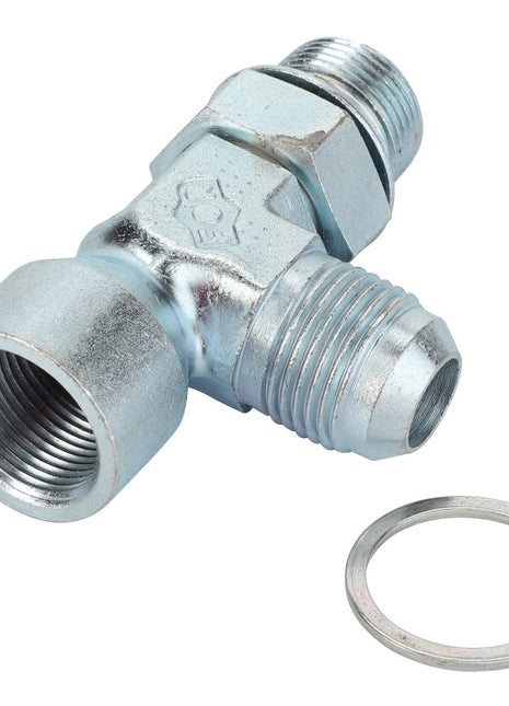 Product Name: AGCO | ADAPTER - AL11120456, a metal T-shaped pipe fitting featuring two male-threaded ends and one female-threaded end. A washer is positioned to the right of the fitting. Unfortunately, there is no current product description information available.