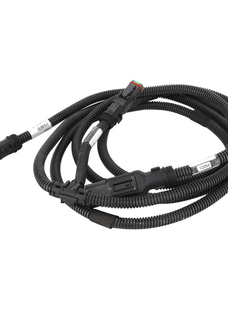 The AGCO Jumper - Acw214970A is a coiled black automotive wiring harness, featuring two connectors at both ends and attached labels on various sections. Further product description information is not available.