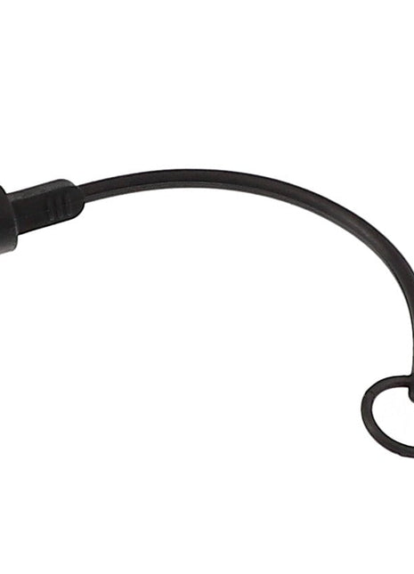 The AGCO | DUST PLUG - CH5R-5676, a black rubber dust cap with an attached loop, is designed to protect open ports or connectors from dust and debris. The cap is connected to the loop by a flexible strap, ensuring durability and secure closure.