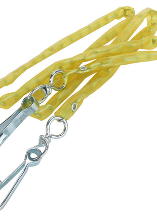 No current product description available for AGCO's Cable - Acp0322180, but picture a yellow chain with metal hooks on both ends, lying gracefully on a white background.