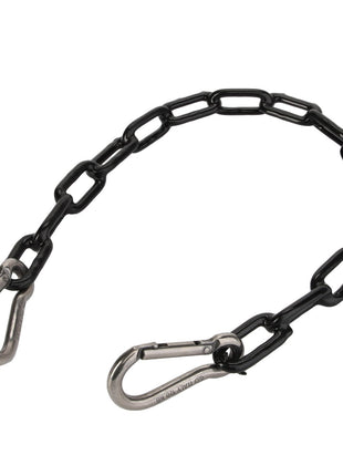 The AGCO | Chain Grain Bin - Acw1147330, produced by AGCO, is a durable black metal chain with high fatigue strength, featuring a carabiner clip at each end.