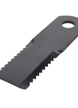 The AGCO | Straw Chopper Rotor Knife - Acw2848550 is a high-grade steel, black flat saw blade with serrated edges on both sides and a hole at one end, ideal for achieving uniform harvest cuts.