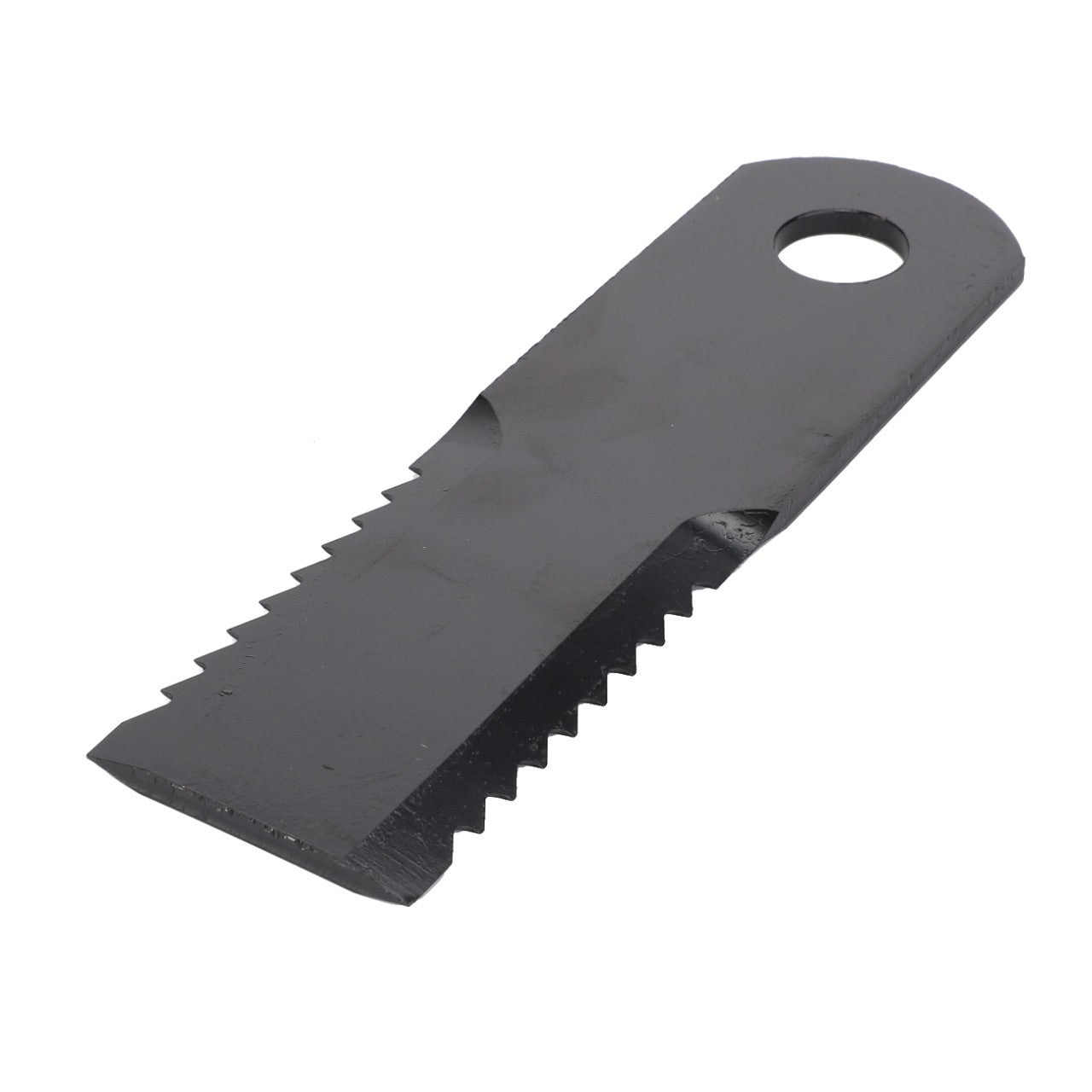 The AGCO | Straw Chopper Rotor Knife - Acw2848550 is a high-grade steel, black flat saw blade with serrated edges on both sides and a hole at one end, ideal for achieving uniform harvest cuts.
