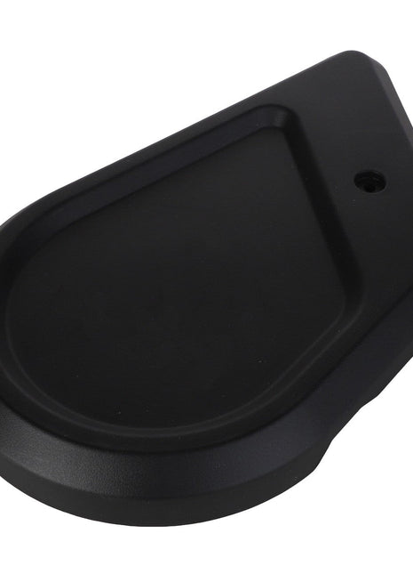 The AGCO Side Cover For Cross Tube, Left Side - Acp0483820 is a black, teardrop-shaped plastic object featuring a raised edge, a flat center, and a small hole near the narrower end.