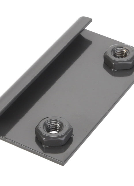 The AGCO Hinge - D28480417 is a flat, rectangular metal bracket that includes two attached hexagon nuts. Additional product description information is not currently available.