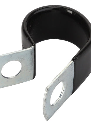 The AGCO | Clip - Acp0004560 by AGCO is a metal O-clamp with a sleek black rubber coating, featuring two flat ends with circular holes for secure mounting.