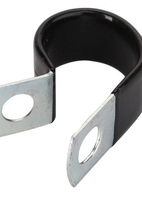 The AGCO | Clip - Acp0004560 by AGCO is a metal O-clamp with a sleek black rubber coating, featuring two flat ends with circular holes for secure mounting.