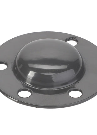 The AGCO Bearing Cover - La300016273 is a round metal cover featuring a central raised dome and four evenly spaced holes around the perimeter, designed to prevent ingress.