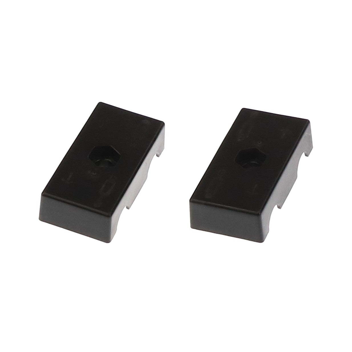 Two rectangular AGCO black plastic components with hexagonal holes in the center. If you have questions before ordering, please contact support for HOSE CLAMP - SN19228.