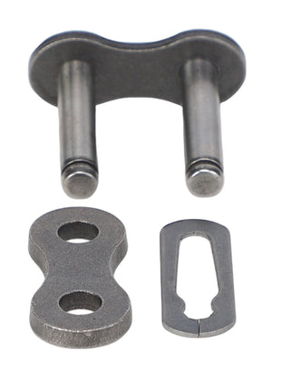 The AGCO | CONNECTOR LINK - K4190A by AGCO is a metal bike chain connecting link comprising three parts: a main link with pins, a double-holed plate, and a small rectangular locking piece. Its sturdy construction ensures reliability and durability.