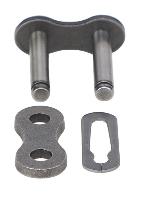 The AGCO | CONNECTOR LINK - K4190A by AGCO is a metal bike chain connecting link comprising three parts: a main link with pins, a double-holed plate, and a small rectangular locking piece. Its sturdy construction ensures reliability and durability.