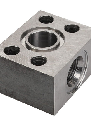 Product Description: The AGCO | ADAPTER - D28184481, from the reputable brand AGCO, is a machined metal block featuring a central cylindrical hole and four smaller surrounding holes on its top surface.