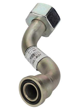 The AGCO Tube - Acw170049A is a metal hydraulic hose fitting designed with a 90-degree bent tube. It features a threaded nut on one end and a flange connection on the other. No current product description information is available for this AGCO product.