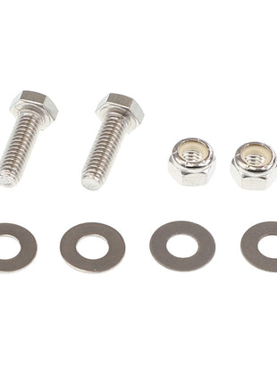 AGCO | HARDWARE PACKAGE - AG333434, featuring two bolts, two nuts, and four flat washers from the AGCO brand, meticulously arranged in a row on a pristine white background.