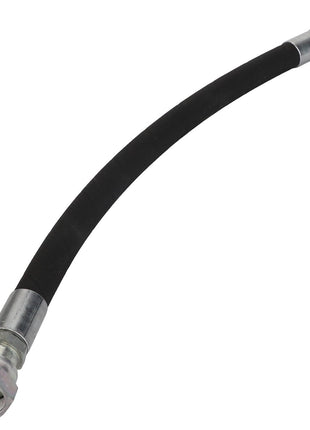 The AGCO Hydraulic Hose - Acw3484540 is a black rubber hose featuring metallic connectors on both ends and a slight curvature. Further product description information is currently unavailable.