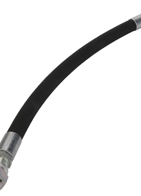 The AGCO Hydraulic Hose - Acw3484540 is a black rubber hose featuring metallic connectors on both ends and a slight curvature. Further product description information is currently unavailable.